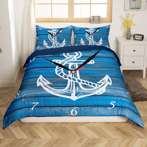 Homemissing Anker Nautische Bettwäsche Set 220x240cm Rustikale Bauernhaus Bettbezug für Kinder Jungen Mädchen Blaue Holz Brett Bettwäsche-Set Maritime Abenteuer