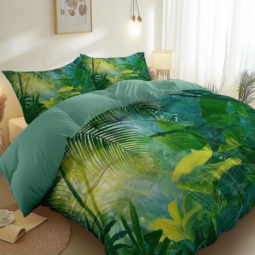Bettwäsche-Set, Fantasie Tropische Dschungelblätter Thema Weiches gebürsteter Mikrofaser Bettwäsche, 135 x 200 cm Für Erwachsene Teenager Kinder Mit Reißverschluss, Türkis