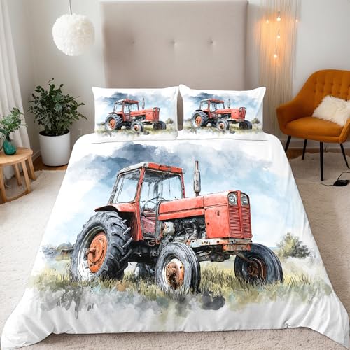 DILANI Traktor Im Weizenfeld Bettwäsche-Set 135x200cm Zeichentrickautos 3D-Druck Weiche Mikrofaser 3 Teilig Bettbezüge mit Reißverschluss und 2 Kissenbezüge 80 x 80 cm für Erwachsene Kinder