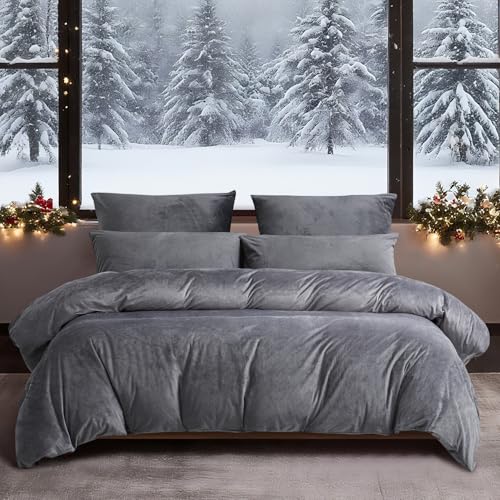 YASMENG Winter Bettwäsche 155x220 Grau Anthrazit Uni Warm Kuschelig Flauschige Bettwäsche Winter Weich Samt Plüsch Fleece Flanell Bettbezug Set 3 Teilig mit Reißverschluss und 2 Kissenbezüge 80x80 cm