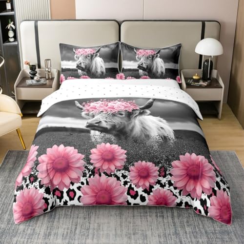 Homemissing Floral Highland Kuh Bettwäsche Set 220x240cm für Kinder Jungen Mädchen Teens Leopard Highland Rinder Bettbezug BauerntiereBetten mit 2 Kissenbezüge