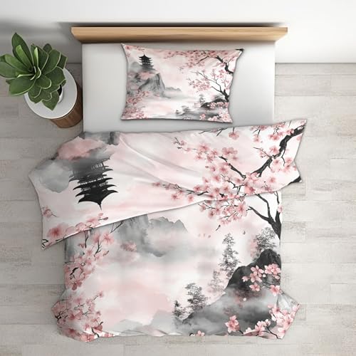 Generisch Bettwäsche 135x200 Japanische Kirschblüten Design, 2teilig - Orientalisch Asiatische Bettbezug und 1 Kissenbezug 80x80,Wendebettwäsche,Sc hlafzimmer Deko,Mikrofaser,mit Reißverschluss K2P&111