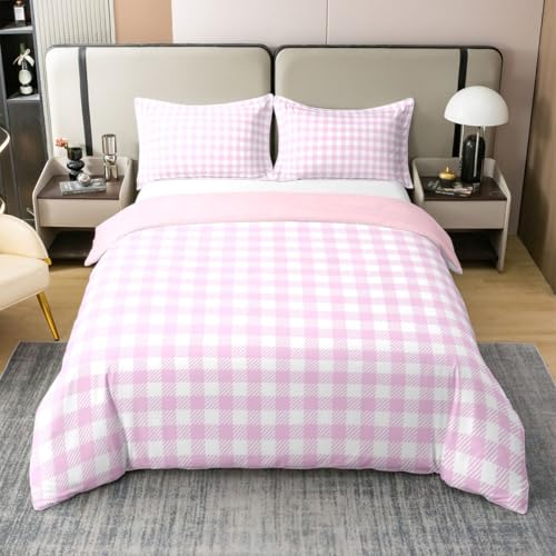 Rosa Gitter 100% Baumwolle Bettbezug L Größe,Pink Checkered Einfach Bettwäsche Sets Kinder Frauen Männer Zimmer Dekor,Pink Checkered Einfach Quilt Abdeckung, 2 Kissenhülle
