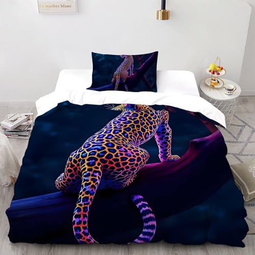 SHOVERKD Leopard Gefleckt Lila Zweig Bettwäsche-Set 3D Gedruckt Wildtier Wald Tier Microfaser Single?135x200cm?,Mikrofa ser Polyester Mit Reißverschluss 2Pcs Für Kinder