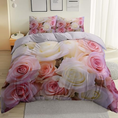 Bettwäsche Elegante Romantische Rosen Mikrofaser Bettbezug-Set 135 x 200 cm + Kissenbezug 80x80 cm Kinder Junge Wendebettwäsche 3 Teilig mit Reißveschluss Einfache Pflege Weiß