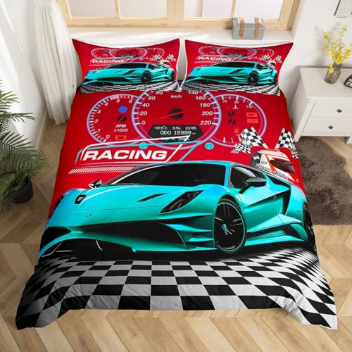 feelingyou Sport Auto Bettwäsche Set S Größe, Jungen Extreme Sport Rennen Auto Racing Thema Tröster Abdeckung Set für Kinder Mädchen, schwarz weiß kariert rot Quilt Cover Schlafzimmer Dekor, 2 Pcs