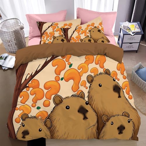WunM Studio Bettwäsche 200 * 200cm Kurkuma Fragezeichen-Capybara Bettbezug Set 3 Teilig lustige Tiere Blümchen Blumenmuster Weich Bettwäsche-Sets mit 2 Kissenbezüge 80x80 cm und Reißverschluss