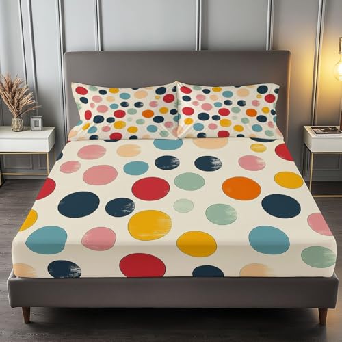 Creme Spannbettlaken Set 140 x 200 cm, Minimalistische Bunte Punkte Bedrucktes Weiches Spannbetttüche, Microfaser Atmungsaktiv Bettwäsche Tiefe Tasche 30 cm mit 2 Kissenbezügen Creme Spannbettlaken Set 140 x 200 cm, Minimalistische Bunte Punkte Bedrucktes Weiches Spannbetttüche, Microfaser Atmungsaktiv Bettwäsche Tiefe Tasche 30 cm mit 2 Kissenbezügen