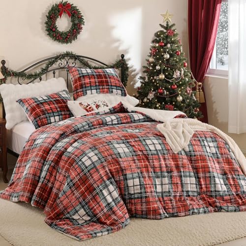 Lanqinglv Weihnachts Bettwäsche 220x240 Biber Flauschige Flanell Winter Bettwäsche mit Rot Kariert Muster,Gitter Bettbezug und 2 Kissenbezug 80x80 cm,mit Reißverschluss