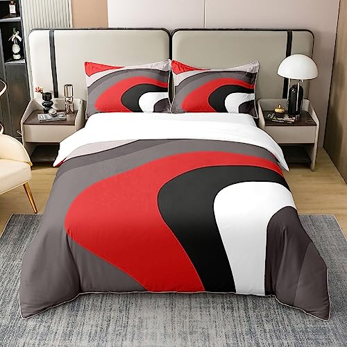 Abstrakte Wirbel 100% Baumwolle Bettbezug 200x200,Schwarz Rot Grau Weiß Retro Kreis Bettwäsche Set für Kinder Mädchen,Geometrie Linien Tröster Bezug,Moderne Geometrische Quilt Cover mit 2 Kissenbezüge