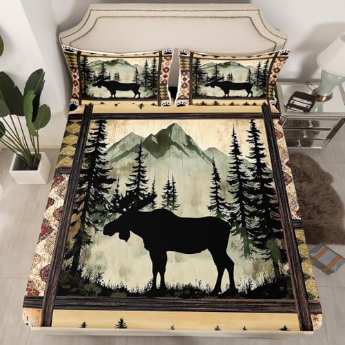 Manfei Wild Deer Spannbettlaken S Größe, Rustikale Tier Elch Bettwäsche Set, Wildlife Patchwork Bettlaken, Kinder Jungen Teen Zimmer Dekor, Weiche Polyester Tiefe Tasche Blatt, 1 Kissenbezug