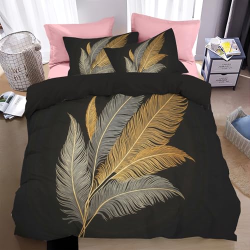 WunM Studio Bettwäsche 200 * 200cm Dunkelgrau Palmen Bettbezug Set 3 Teilig Elegante, Moderne goldene Federn Blümchen Blumenmuster Weich Bettwäsche-Sets mit 2 Kissenbezüge 80x80 cm und Reißverschluss