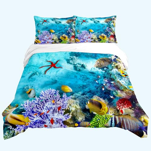 TULTOAP Meerestiere Bettwäsche 135x200cm, Blau Unterwasserwelt Bettwäsche Set Schildkröte Fisch Koralle Drucken Ocean Themed Bettbezug (Tiefsee,135 x 200 cm)
