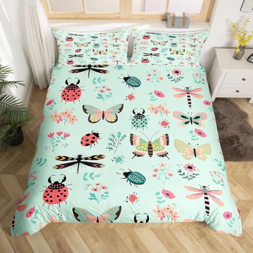 feelingyou Hübscher Laubkäfer Kinder Bettdecke S Größe Kawaiische Schmetterlinge und Libellen Decken Abdeckung für Schlafzimmer Boho Blumen Rot Punkte Grün Bettwäsche Set(1 Kissenbehälter)