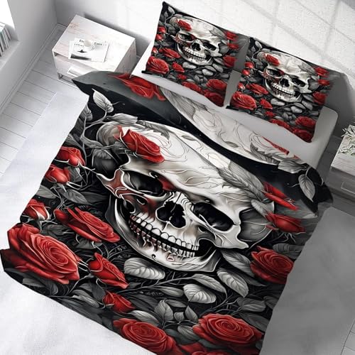 YZQGLHP Bettwäsche Set Skelett Rose Muster Kinder Bettbezug mit 2 Kissenbezug 3 teilig 155x220 cm Weiche Atmungsaktive Polyster Kids Betten Set mit Reißverschluss