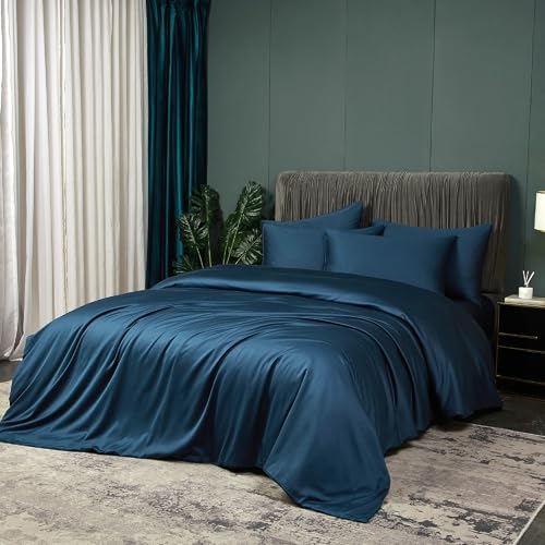 Luowei Bambus Bettwäsche 135x200 cm Sommer Blau Dunkelblau Kühlend Bettwäsche Set aus 100% Bambus Aktmungsaktivem Weicher Glänzend Bamboo Bettbezug mit Reißverschluss und 1 Kissenbezug 80x80