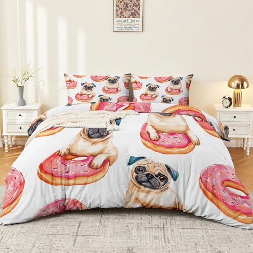 Bettwäsche 220 x 240 cm Mikrofaser Bettbezug Atmungsaktiver mit Reißverschluss, Aquarell Mops Donut Wendemotiv Bettwäsche-Sets für Jungen Mädchen, Pflegeleichte, Rosa
