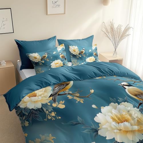 Hell Blau Bettwäschezug Set 135 x 200 cm, Orientalische Traditionelle Vögel Blumen Bettbezug Set, Leichtgewichtig Bedruckte Betten Set mit Reißverschluss Frauen Mädchen Weich Bettwäsche
