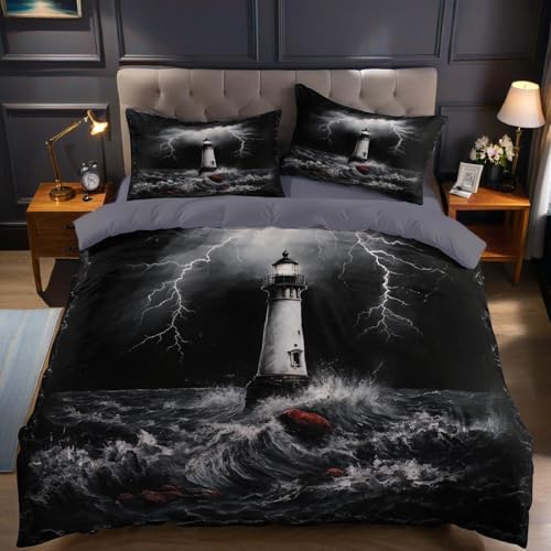 Bettwäsche Set 200 x 220 cm Meereswelle Leuchtturm Schwarz 3 teilig Mikrofaser Baumwolle Bettbezug weich bügelfrei hautfreundlich mit Reißverschluss