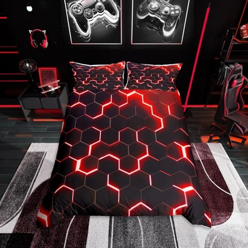 Honeycomb Bettwäsche Set 135x200,Rot Schwarz Geometrische Bettbezug Neon Glitter Hexagon Geometrie Tröstenbezug für Kinder Jungen Teen Männer Weiche Leichte Quilt Cover Schlafzimmer Schlafsaal Dekor Honeycomb Bettwäsche Set 135x200,Rot Schwarz Geometrische Bettbezug Neon Glitter Hexagon Geometrie Tröstenbezug für Kinder Jungen Teen Männer Weiche Leichte Quilt Cover Schlafzimmer Schlafsaal Dekor