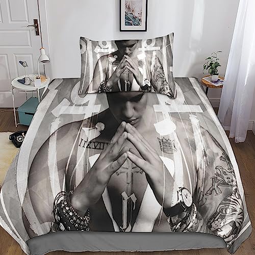 YINGD Justin-Bieber Bettbezug-Set mit Kissenbezügen, Mikrofaser-Bettwäsche-Se t mit Reißverschluss, 2-teilig, für Jugendliche und Erwachsene, Einzelbett, 140 x 200 cm