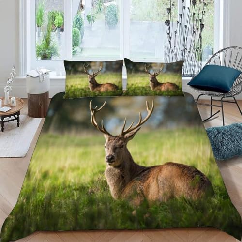 Bettwäsche 135x200 Elch 3D Druck Bettbezug 135 x 200 Wilde Tiere Bettwäsche-Sets Weiche Mikrofaser Bettwäsche Set 3 Teilig Bettbezüge für Einzelbett mit 2 Kissenbezüge I-2067