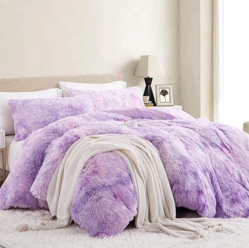 Tospass Plüsch Bettwäsche 200x200cm Violett Kunstfell Flauschig Luxus Winterbettwäsche Flanell Samt Biber Warme Deckenbezug Cashmere Touch Bettbezug mit Reißverschluss und 2 Kissenbezug 80x80cm
