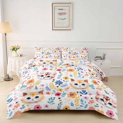 3-teiliges Bettwäsche-Set mit niedlichem Kätzchen-Blumenmuster, bezauberndes Katzen-Bettwäsche-Set für Mädchen und Erwachsene, Schlafzimmer- oder Raumdekoration, Ganzjahresdecke, Mikrofaser-Steppdecke