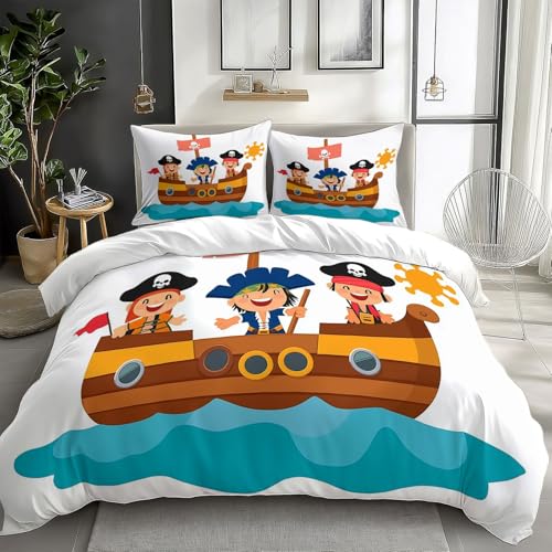 Cartoon-Piratenschiff Pirat 3D Druck Bettbezug Wende Bettwäsche Set 135x200cm Mikrofaser Bettwäsche 3 Teilig Mit Kissenbezug Mit Reißverschluss Kinder Erwachsener Bettdeckenbezug