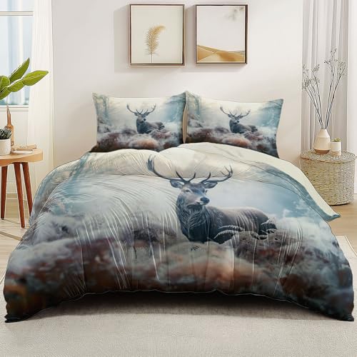 Superweiche Bettwäsche Tiere Hirsche Nebel Doppelseitig bedruckter Bettbezug Blau Hochwertige Mikrofaser Reißverschluss-Design 135 x 200 cm Für alle Jahreszeiten geeignet