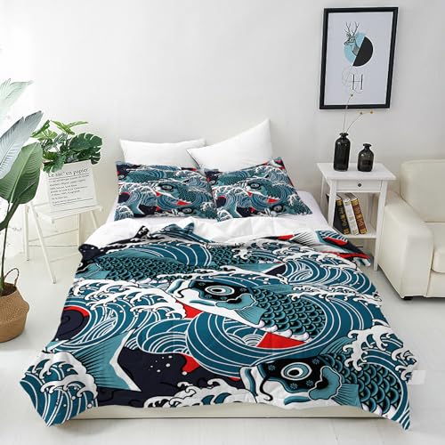 ANHOPE Japanisch Welle Fische Bettwäsche Set 3 Teilig Bettbezug 135x200 cm & Kissenbezug 80x80 cm Microfaser Bettbezüge mit Reißverschluss Weich Ganzjahres Bettdeckenbezug Set