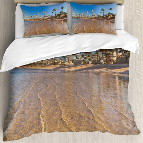 MJNLYDAO Sleeptime 100% Baumwolle Bettwäsche - Bettbezüge mit Reißverschluss - Set mit 2 Kissenbezüge,Schöner Sandstrand mit Palmen bei Sonnenuntergang Ägypten Tolles Stück,152x203 cm