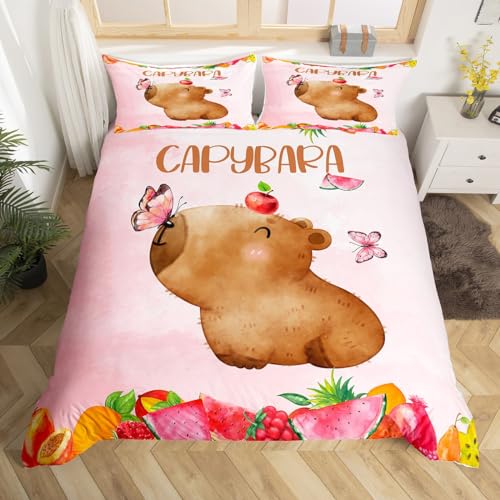 Homewish Niedliches Capybara-Bettwäsche-Set für Kinder, Mädchen, rosa Bettwäsche, Doppelbett, Cartoon-Capybara-Tierdruc k, Bettbezug mit 2 Kissenbezügen, Aquarell-Schmetterling-Be ttwäsche-Sets mit