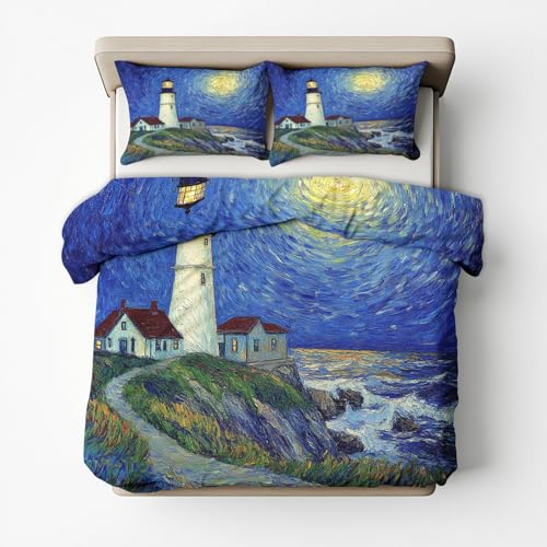 Generisch Bettwäsche Leuchtturm 135x200, Meer Nautical Motiv Wendebettwäsche & Deko, Weiche Microfaser Bettbezug mit Reißverschluss und 1 Kissenbezug 80x80, 2tlg - ASD8145