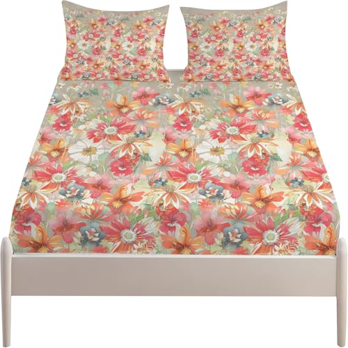 Spannbettlaken-Set für Doppelbett, Rot Landhaus-Blumen Tiefe Tasche 30cm,Weiche Mikrofaser,3-teiliges Bettwäsche-Set mit 2 Kissenbezügen, hypoallergen, 135 x 190 cm L509