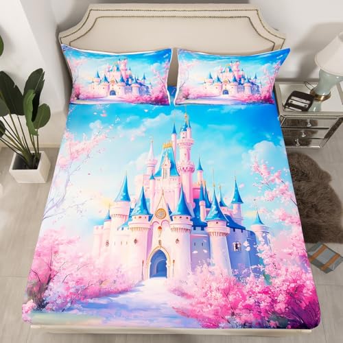 feelingyou Schönes Schloss Einbaublech L Größe Prinzessin Blume Mädchen Naturlandschaft Bettdeckung 2pcs Romantische Traumfantasie Bettwäsche Set für Erwachsene