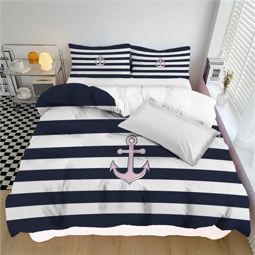 MLSOWM Anker Bedrucktes Wende-Bettwäsche-Set Bettwäsche Set Bettdecke Bettbezug Blau-Weiß-Streifen Polyester Mikrofaser mit Reißverschluss 200 x 200cmWeich und bequem Mit festem Riemen