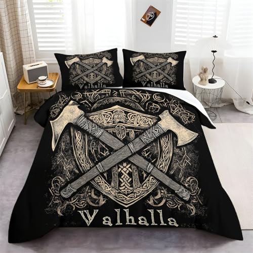 Bettbezug Druck Vintage Wikinger Axt Design, Bettwäsche Schwarz Braun aus Warme Weich Mikrofaser mit Reißverschluss, bedruckter Winter Bettbezug 155 x 220 cm mit 2 Kissenbezügen