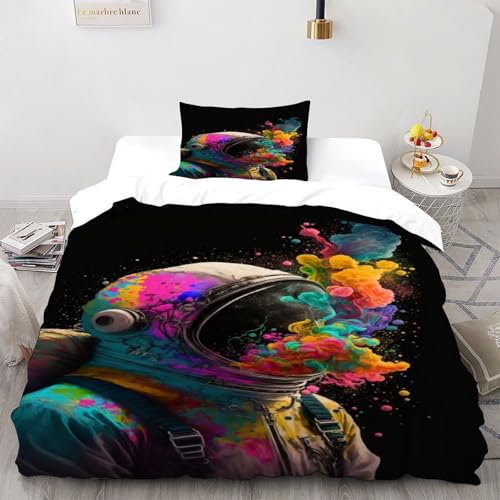 DICVXST 3D Bunter Astronaut Bettbezug Set Jugendliche Kind Band Bettwäsche 2er Set Microfaser Kissenbezüge Mit ReißVerschluss Soft Single?135x200cm?