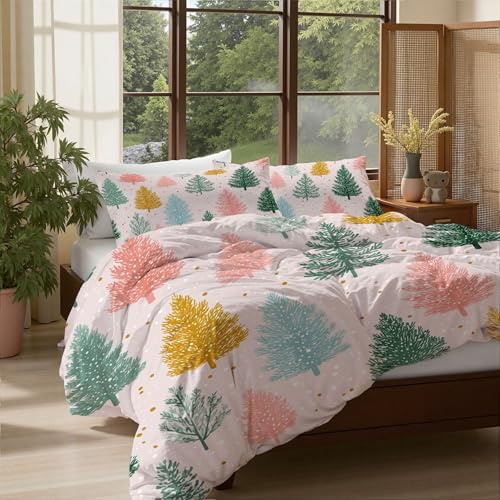 Bettwäsche 135*200cm Rosa gepunktete Kiefer Bettbezug Set 3 Teilig Schneeflocken-Cartoon-Kie fer Blümchen Blumenmuster Weich Bettwäsche-Sets mit 2 Kissenbezüge 80x80 cm und Reißverschluss