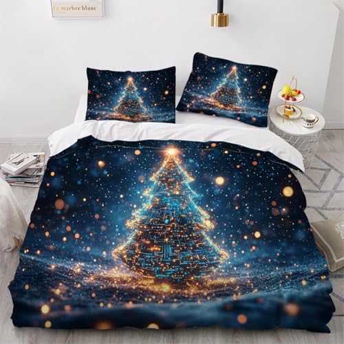 Weihnachtsbaum Bettwäsche 135x200 Kinder Bettwäsche-Set 3D Lichterketten Mit Punkten Weiche Mikrofaser Bettbezug Blau Bettbezüge mit Reißverschluss und 2 Kissenbezüge 80x80 cm h-1847