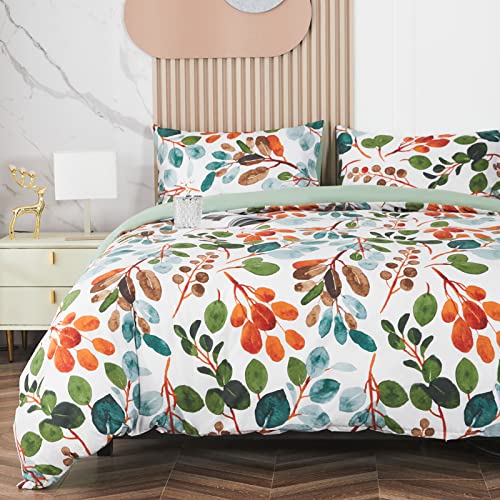 Jemiipee Blumen Bettwäsche-Set mit Herbstblätter Muster, 1 x Bettbezug 135x200 cm mit 1 x Kissenbezug 80x80 cm und Reißverschluss, Weiche 100% Mikrofaser Bettwäsche Modern, Bunte Blätter