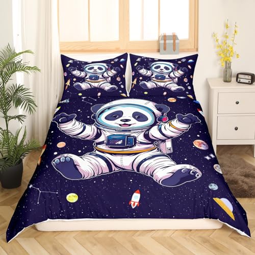 richhome Cartoon Panda Bettbezug 135x200,Astronaut Bettwäsche Set für Kinder Teens, Starry Galaxy Rakete Tröster Abdeckung Weiche Bettwäsche Set Schlafzimmer Dekor