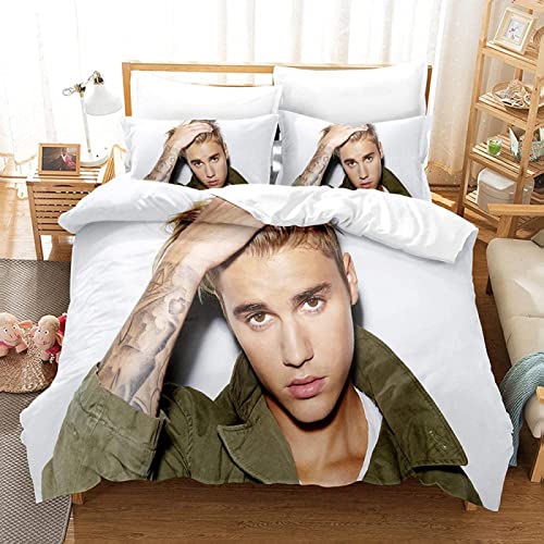 Bettwäsche Set 200x200cm Justin Bieber mädchen Junge Bettbezug Set Microfaser allergie bettwäsche Set Anti milben Bett Set mit Reißverschluss und 2 Kissenbezug 80x80cm,3 Teilig