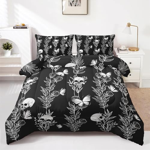 3-teiliges Bettwäsche-Set mit Totenkopf-Schmetterlingen , Gothic-Bettwäsche-Set für Mädchen und Erwachsene, Schlafzimmer- oder Raumdekoration, Ganzjahresdecke, Mikrofaser-Steppdecke mit 2 Kissenbezügen
