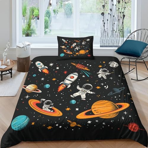 ENYISIYULO Cartoon Astronaut Bettbezug Set Bettwäsche-Sets Kinderbettwäsche-Set Reißverschluss Mit Kissenbezügen Betten Set Für Jungen Und Mädchen, Kinder Single?1Tier5x200cm?