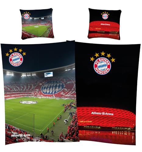 FC Bayern München Bettwäsche Allianz Arena 135x200 cm + 80x80 cm 100% Baumwolle Renforcé-Linon-Qualität Fußball FCB Rekord-Meister Mia san Mia Harry Kane Musiala deutsche Größe Reißverschluss