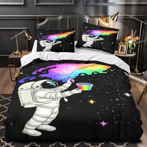 CNWRZCJXY Astronaut Malt Regenbogen 3D Bedruckt Bettdeckenbezug 3teilig Mikrofaser fleckenfest Weltraumfantasie Bettbezug 2 Kissenbezüge maschinenwaschbar Jugendzimmer Deko (135x200cm)