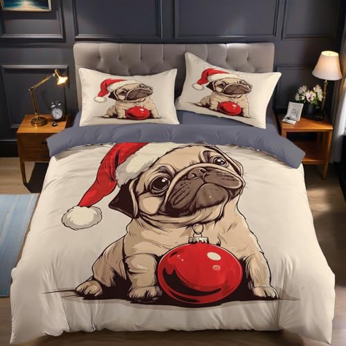 Bettwäsche 155x220 cm Cartoon-Mops mit Weihnachtsmütze Bettwäsche-Sets Mikrofaser weich atmungsaktiv Bettbezug mit 2 Kissenbezug 80x80 für Kinder Jugendliche Erwachsene
