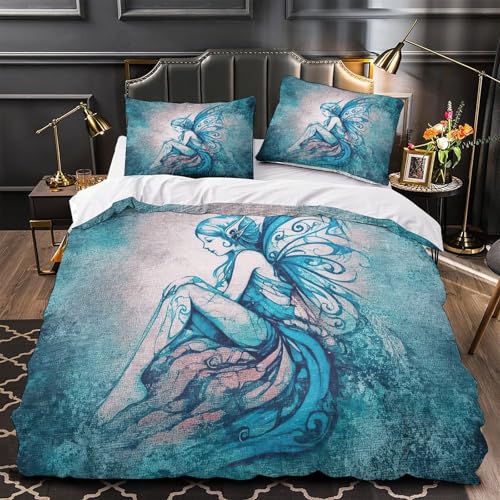 RJAVAGFZL Feenillustration 3D-Bedruckt 3er-Set Kuschelbezug Fantasy Bettbezug Mikrofaser Reißverschluss Staubmilbenfest für Jungen Jugendliche Männer Single (135x200cm)